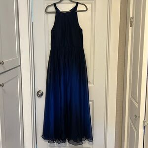 Betsy & Adam navy blue ombré evening gown, chiffon halter style